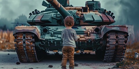 Toddler standing in front of a military tank - war and peace concept - obrazy, fototapety, plakaty