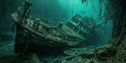 Fotobehang Shipwreck underneath the sea at the bottom of the ocean floor - sunken boat concept © Brian
