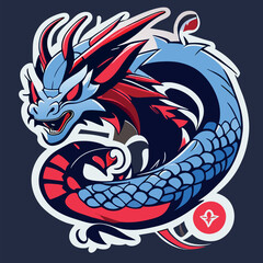 japanese dragon tattoo, blue ink illustration, red highlights, very detailed, loose drawing, noir feel, ukiyo-e, tattoo vector illustration, flat white background