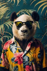 Panda wearing sunglasses and Hawaiian shirt in the summer