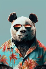 Panda wearing sunglasses and Hawaiian shirt in the summer