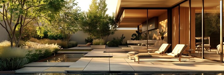 Modern backyard outdoors with patio furniture seating on stone deck - obrazy, fototapety, plakaty