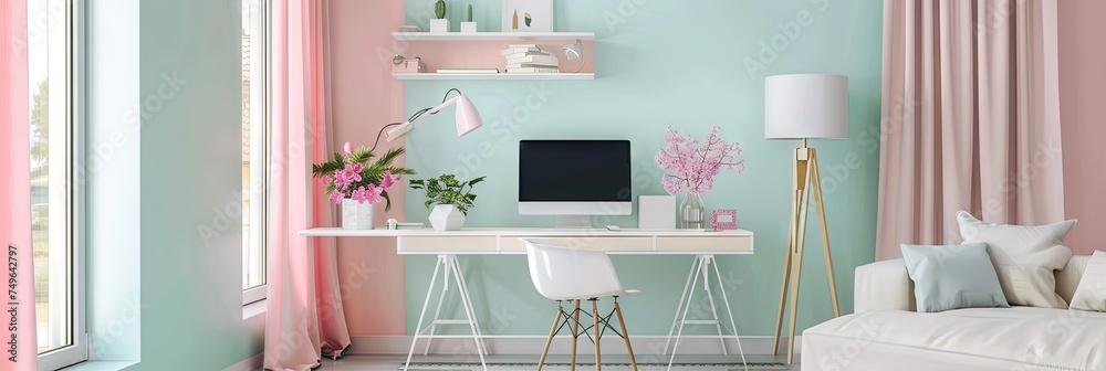 Wall mural pastel home office concept with computer on a desk and chair. feng shui interior design in bright sp