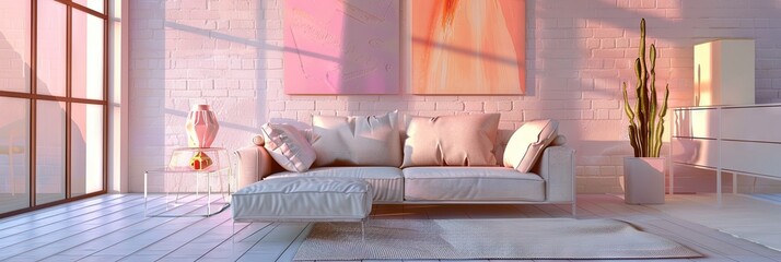 Pastel living room interior design with couch (sofa) and other furniture. 