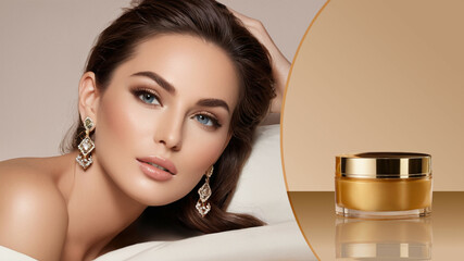 Young beautiful woman with perfect skin face. Presentation of luxury women's perfume on a beige-golden background. Mockup for presentation of cosmetic branding products. 3D Illustration