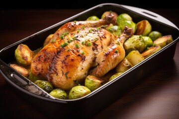 Tasty chicken meat baked with potatoes and Brussels sprouts. Food background. homemade holiday dinner