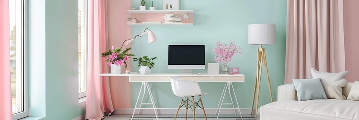Pastel home office concept with computer on a desk and chair. feng shui interior design in bright spring colors - obrazy, fototapety, plakaty
