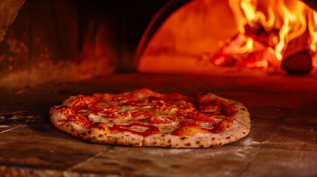 A freshly baked pizza sitting in front of a crackling fire, the warm glow highlighting its cheesy toppings and crispy crust.