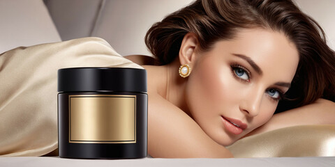 Beauty woman with perfect skin face with cosmetic product. Beautiful girl with luxury fashion mockup for cream for face or body. Advertisement product. 3d illustration