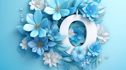 number 0 and flowers on a blue background. birthday invitation card. spring and holiday.