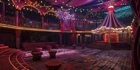 Interior of a circus tent with garish colors and lights
