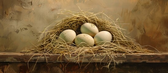 A painting featuring four freerange eggs nestled in a bed of hay on a ledge, showcasing a simple yet charming scene of nature. - obrazy, fototapety, plakaty