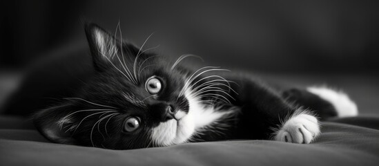 A close-up shot of a cute black and white house cat laying comfortably on top of a bed, with its...