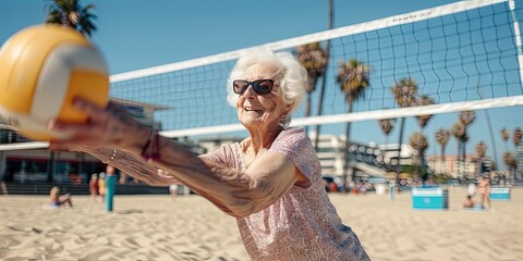 Grandma playing volleyball - elderly woman of retired age enjoying life by taking it to the extreme...