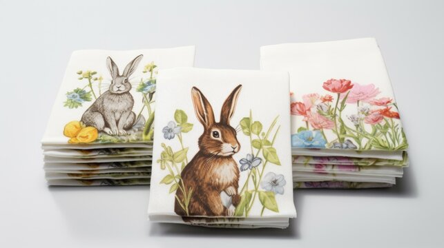Three stacks of folded cloth napkins with a rabbit and floral pattern.