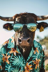 Bull (male cow) wearing sunglasses and Hawaiian shirt in the summer sun