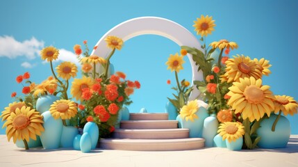 3D rendering of a podium with a white arch and a staircase leading up to it.