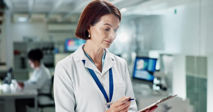 Scientist, woman and writing on clipboard at lab with thinking for analysis, test and research notes. Person, science and laboratory or checklist for ideas with medical innovation at pharma company