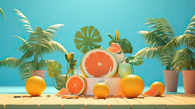 3d rendering of a summer still life with oranges, palm leaves, and flowers. The perfect image for a refreshing summer drink or a tropical vacation.