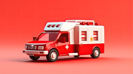 A 3D rendering of a red and white ambulance with a white cross on the side. The ambulance is on a red background and has a white roof.