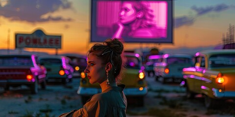 Couple on a date at a drive in movie theater - obrazy, fototapety, plakaty