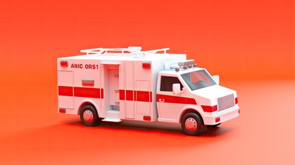 A 3D rendering of a white and red ambulance on a red background. The ambulance has the words "Anic Ors1" on the side.