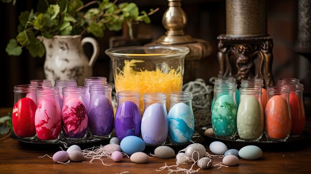 A beautiful arrangement of colorful Easter eggs in glass jars. The eggs are nestled in yellow shredded paper.