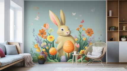 A cute bunny is standing in a field of flowers. The bunny is holding a large orange egg. The bunny is surrounded by colorful flowers and butterflies.