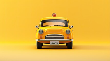A cute yellow retro car with a red siren on the roof. The car is in a simple studio setting with a yellow background.