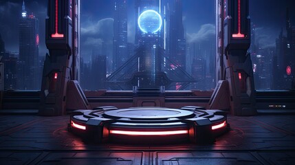 A dark and mysterious platform with a glowing blue orb in the distance. The platform is surrounded by tall buildings and a futuristic cityscape. - obrazy, fototapety, plakaty