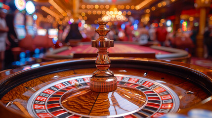 Closeup of a roulette wheel inside a casino