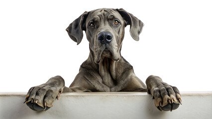 Great dane dog with paws on ledge isolated on transparent background - obrazy, fototapety, plakaty