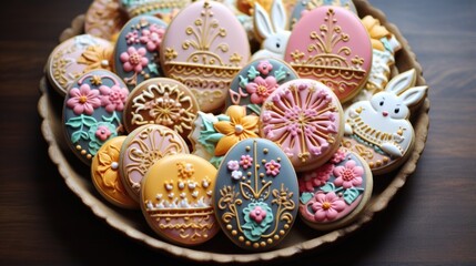 A wooden plate full of beautifully decorated Easter cookies in the shape of eggs, flowers, and bunnies.