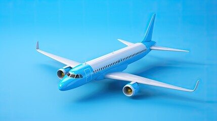 Blue and white airplane on a blue background. The plane is a passenger jet with two engines. It has a blue body and white wings and tail.