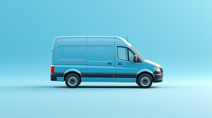 Blue cargo van isolated on blue background. 3D rendering.