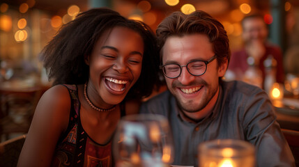 An adorable young couple on a date and happily having a great time. 