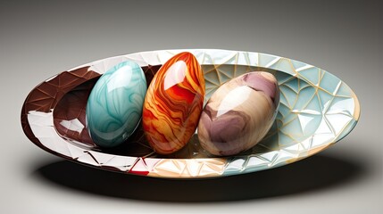 Close-up of three shiny, colorful eggs in a ceramic bowl. The eggs are blue, orange, and purple.