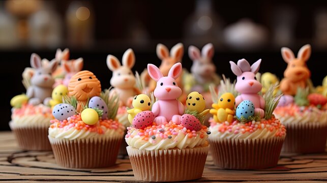 Close-up of a variety of Easter cupcakes with different colored frosting and decorations, including bunnies, chicks, eggs, and sprinkles. - Powered by Adobe