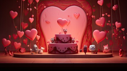 Cute cartoon owls in a romantic setting. The owls are surrounded by hearts and there is a cake on the table.