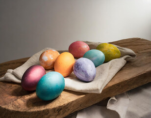 Obraz na płótnie Canvas Easter, colored Easter eggs lying on a wooden white table, green plants in the background, light background
