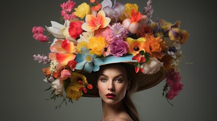 Elegant and beautiful young woman wearing a large colorful flower hat.