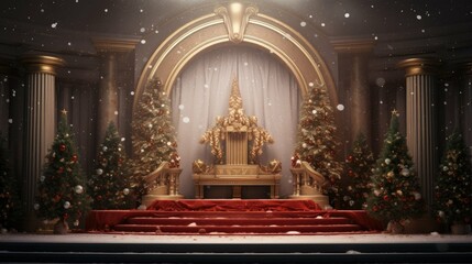Obraz premium The image is a 3D rendering of a Christmas scene. There is a golden throne with a red carpet leading up to it.