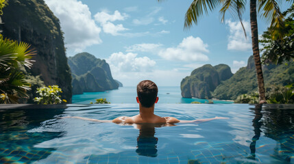 A person enjoys a stunning view from an infinity swimming pool surrounded by tropical scenery. Ai generative illustration