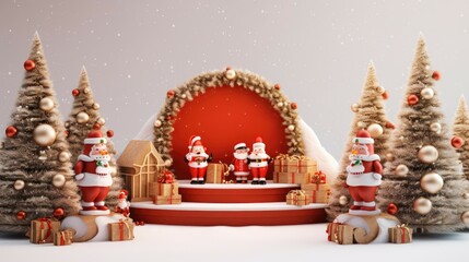 This is a 3D rendering of a Christmas scene. There are four Santa Clauses on a stage, surrounded by...