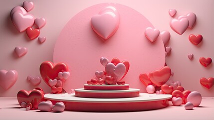 This is a 3D rendering of a pink and red heart-shaped balloons. The hearts are arranged in a circle around a central point.