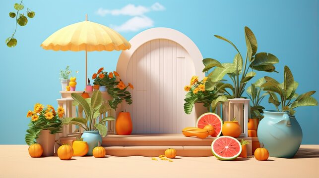 This is a 3D rendering of a summer scene. The image features a yellow umbrella, a white door, and a variety of plants and flowers.