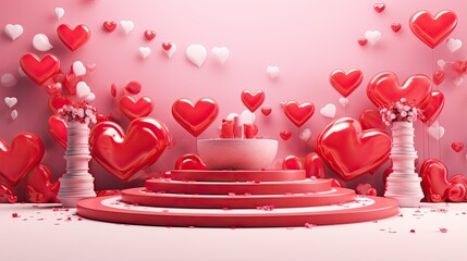 This is a beautiful 3D rendering of a Valentine's Day-themed background. The image features a pink background with a large red heart in the center.