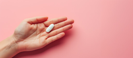 An open hand holds two white pills against a pink background, symbolizing healthcare and medicine. Ai generative illustration