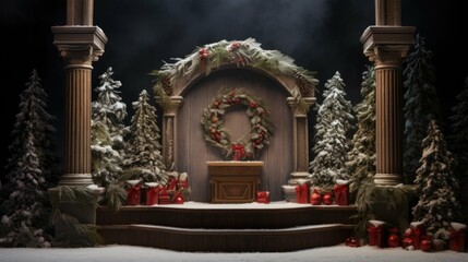 This is a beautiful image of a Christmas stage set. The stage is decorated with a large wreath, garlands, and Christmas trees.