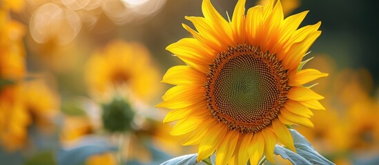 Fototapeta premium A single large sunflower stands tall amidst a vast field of sunflowers, showcasing its bright yellow petals and dark center. The surrounding sunflowers create a sea of yellow blooms under a clear blue